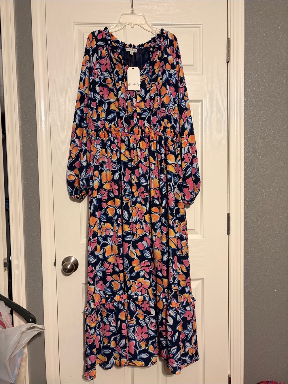 NWT Wonderly Navy Floral Maxi Dress with Pink & Orange Accents